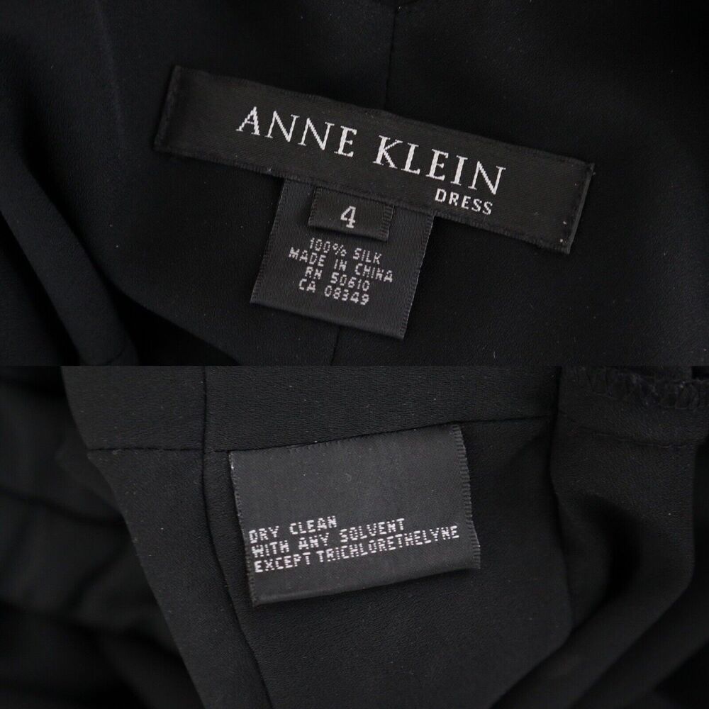 Vintage 1990s Anne Klein Size 4 Silk Dotted Faux Wrap Midi Dress Black Chiffon - Picture 12 of 12